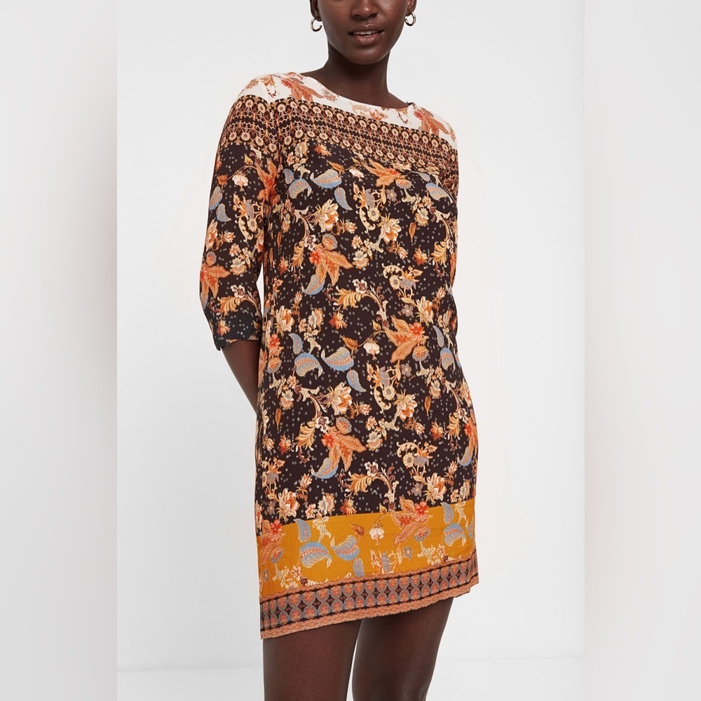 Desigugal SHORT BOHO Paula DRESS Size 42 US Large Black Multicolour 3/4 Sleeves